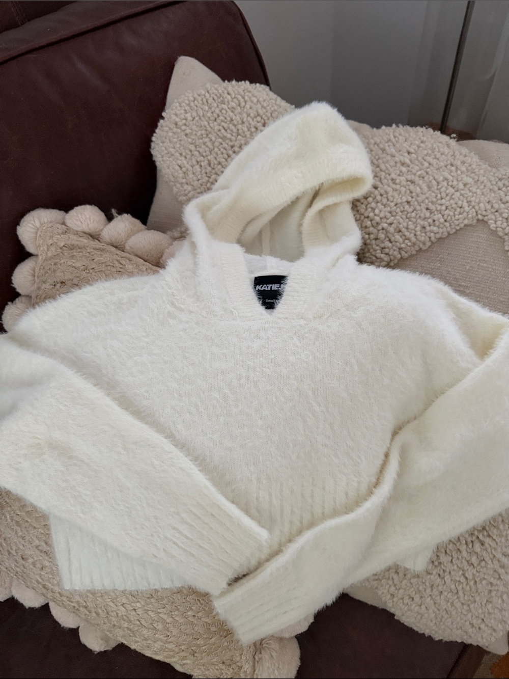 Katie J NYC Cream Fuzzy Hooded Turtleneck Sweater